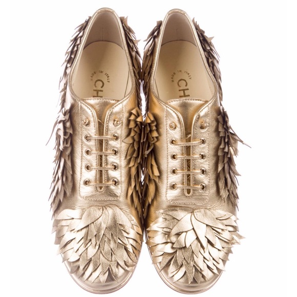 **SOLD**NWT CHANEL Gold Metallic Lace-up Oxfords - Picture 2 of 9